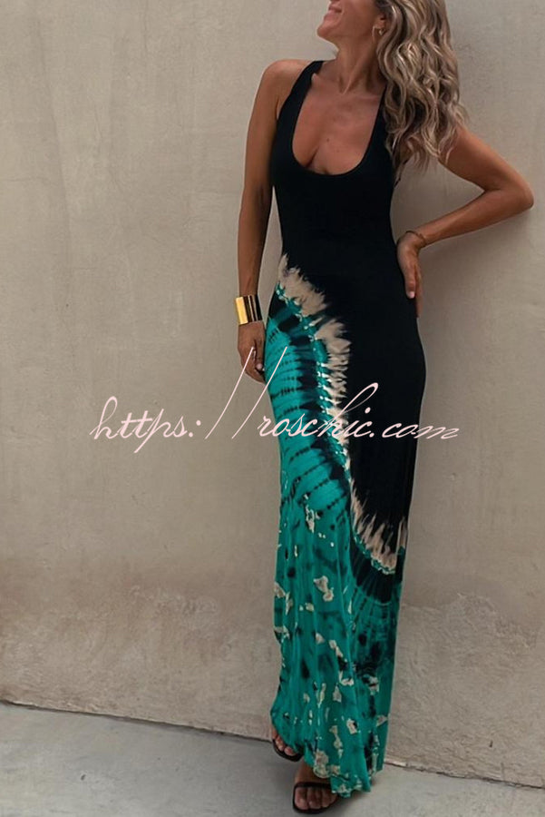 Tie-Dye Lace-Up Back Sleeveless Maxi Dress