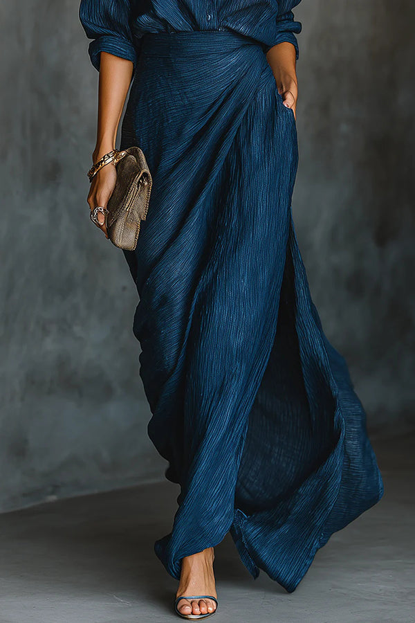 Pleated Maxi Skirt & Collared Shirt Set – Long Sleeve