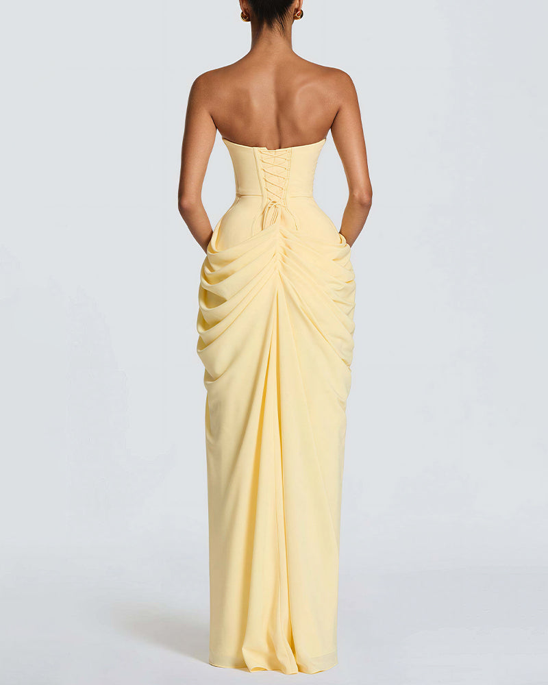 Strapless Ruched High Slit Corset Maxi Dress