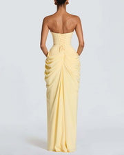 Strapless Ruched High Slit Corset Maxi Dress