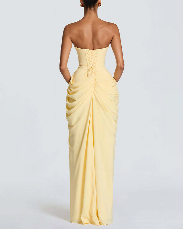 Strapless Ruched High Slit Corset Maxi Dress