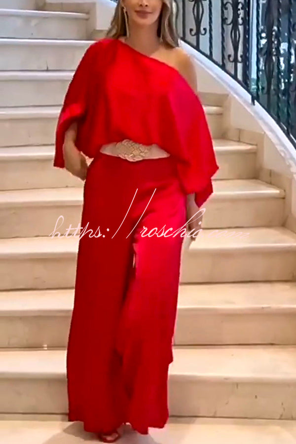 Rose Print Wide Leg Pants Suit with Belted Waist