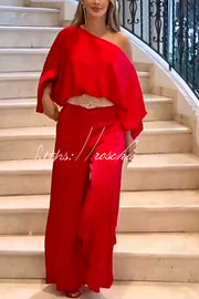 Rose Print Wide Leg Pants Suit with Belted Waist