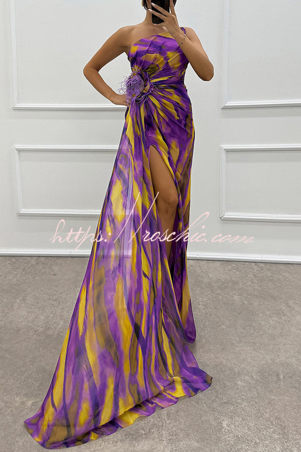 Watercolor Feather Print Off-Shoulder Chiffon Maxi Dress