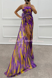 Watercolor Feather Print Off-Shoulder Chiffon Maxi Dress