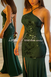 Sequin Halter Neck Slim-Fit Slit Maxi Dress
