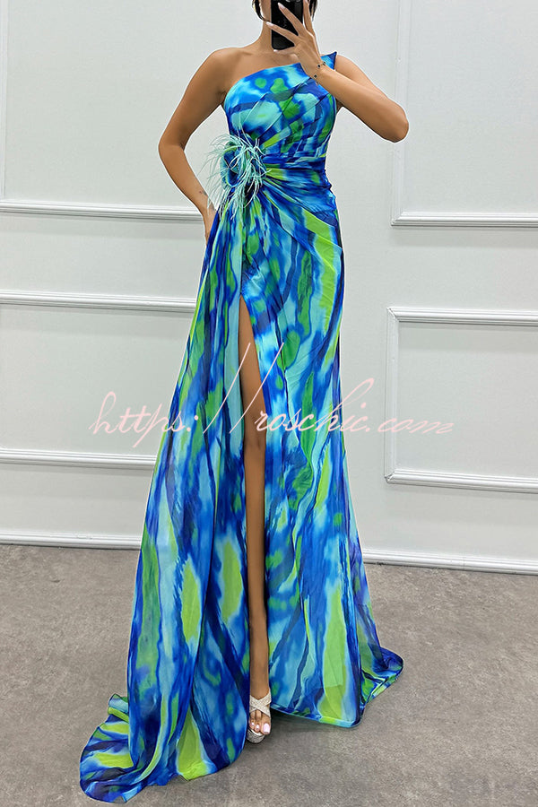Watercolor Feather Print Off-Shoulder Chiffon Maxi Dress