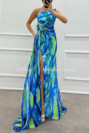 Watercolor Feather Print Off-Shoulder Chiffon Maxi Dress
