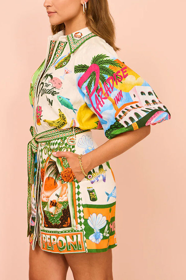 Linen Blend Printed Belted Shirt Mini Dress