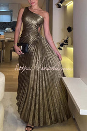 Metallic One Shoulder Pleated Maxi Dress for Parties