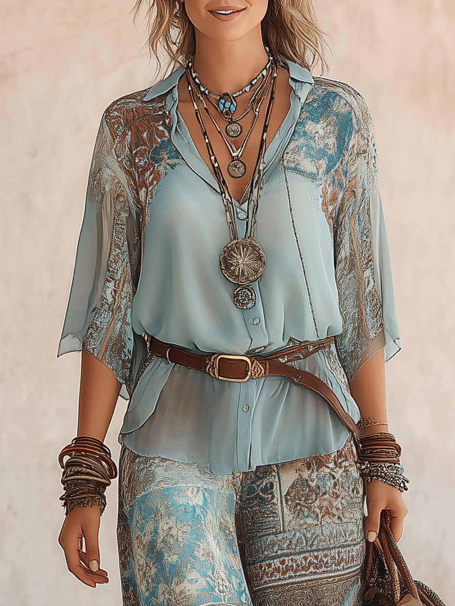 Aqua Blue Printed Two-Piece Pants Set