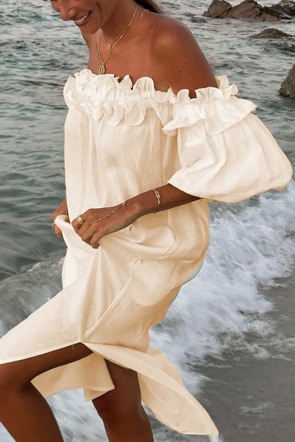 Linen Blend Off Shoulder Midi Dress with Pockets