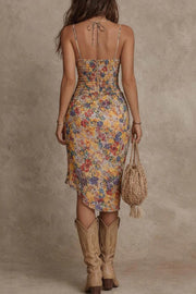 Printed Square Neck Spaghetti Strap Pleated Midi Dress