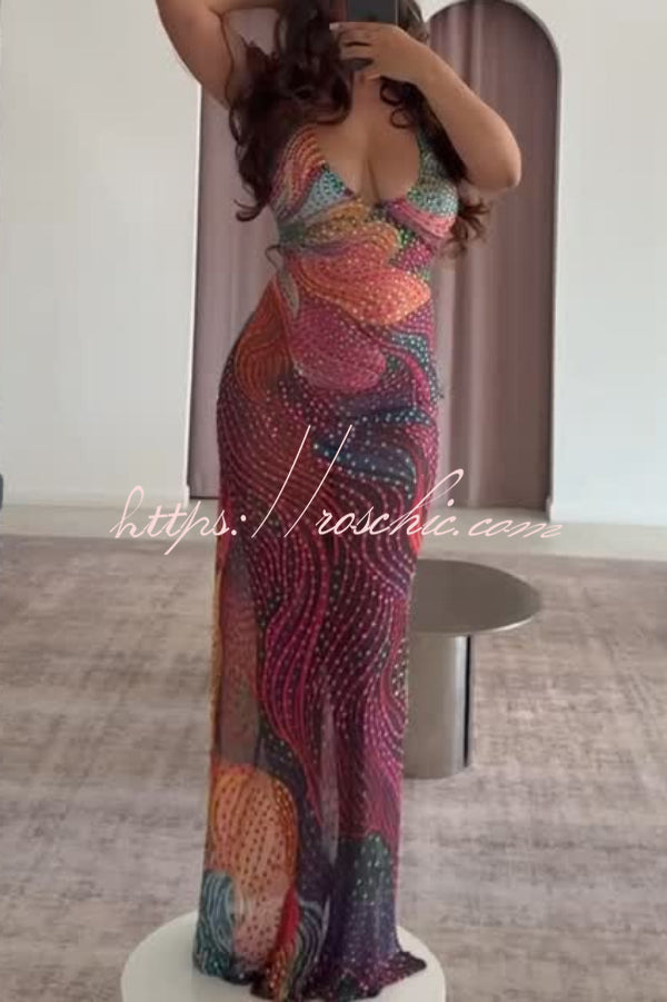 Colorful Printed Halter Neck Sleeveless Slim-Fit Maxi Dress