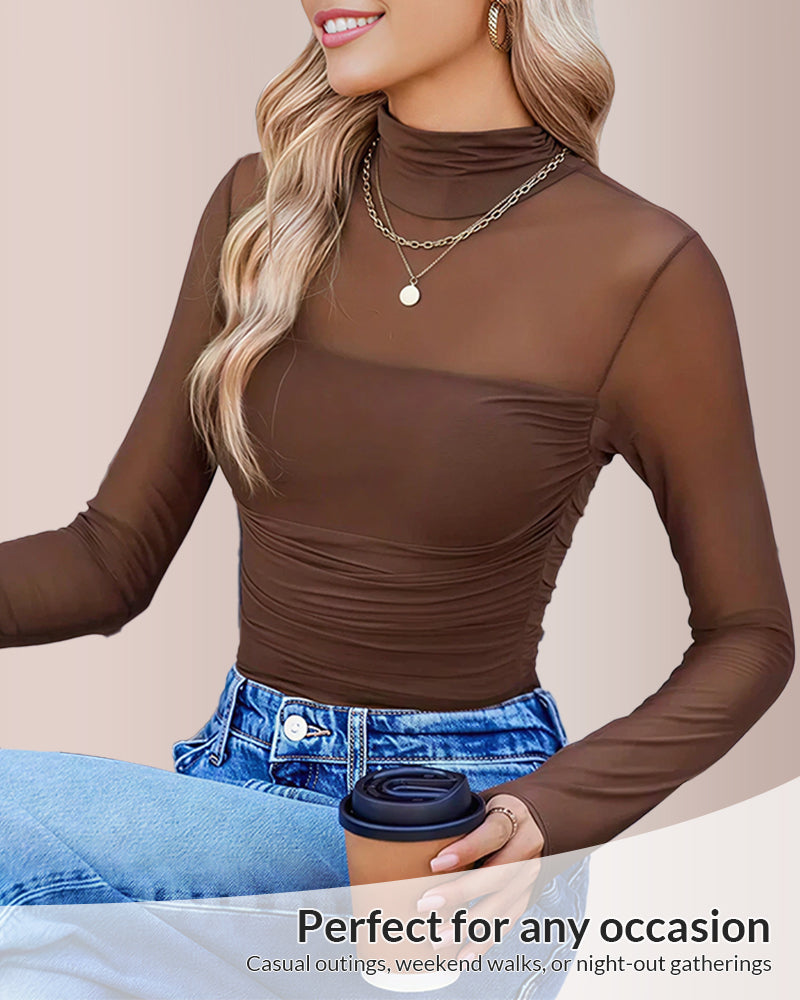 Sheer Mesh Turtleneck Shapewear Top - Long Sleeve Ruched Fit