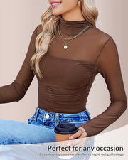 Sheer Mesh Turtleneck Shapewear Top - Long Sleeve Ruched Fit