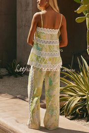 Printed Crochet Trim Camisole and Wide-Leg Pants Set