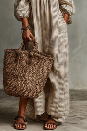 Linen Blend Off-Shoulder Maxi Dress – Striped Loose Fit