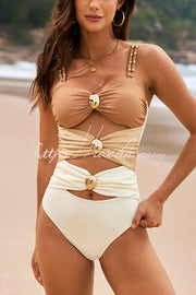 Color-block One-Piece Swimsuit with Metal Button Detail