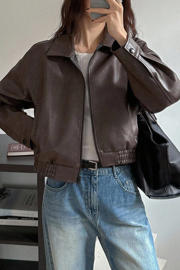 Women's Faux Leather Jacket with Lapel & Pockets