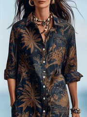 Bohemian Tropical Print Midi Dress in Midnight Blue