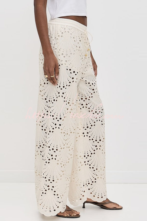 Embroidered Lace Wide Leg Pants with Elastic Waist & Pockets