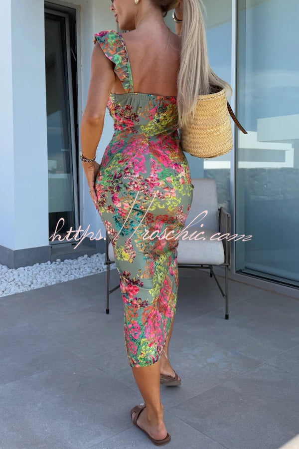 Floral Print Square Neck Sleeveless Slim-fit Midi Dress
