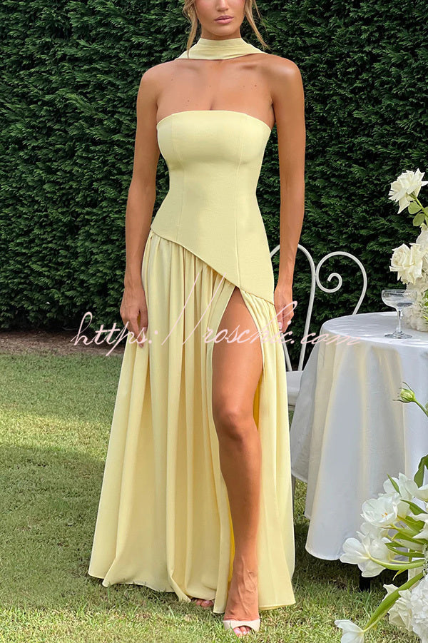 Off-Shoulder Chiffon Pleated Maxi Dress with Slit