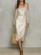 Ivory Satin Midi-kjole med blondeærmer | Resorttøj