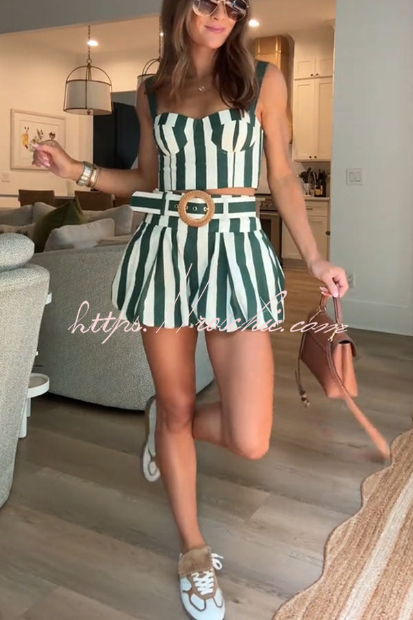 Striped Smocked Tank & Bubble Shorts Set with Raffia Belt
