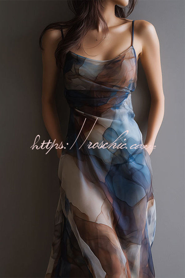 Abstract Watercolor Cowl Neck Maxi Dress