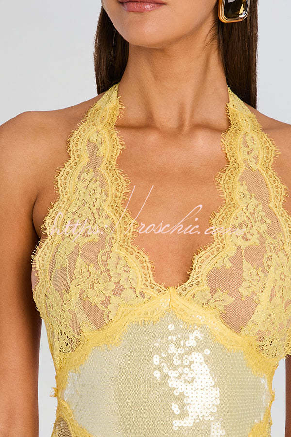 Sequin Lace Halter Midi Dress with Open Back