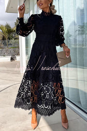 Robe midi à manches lanternes en dentelle au crochet pour les fêtes