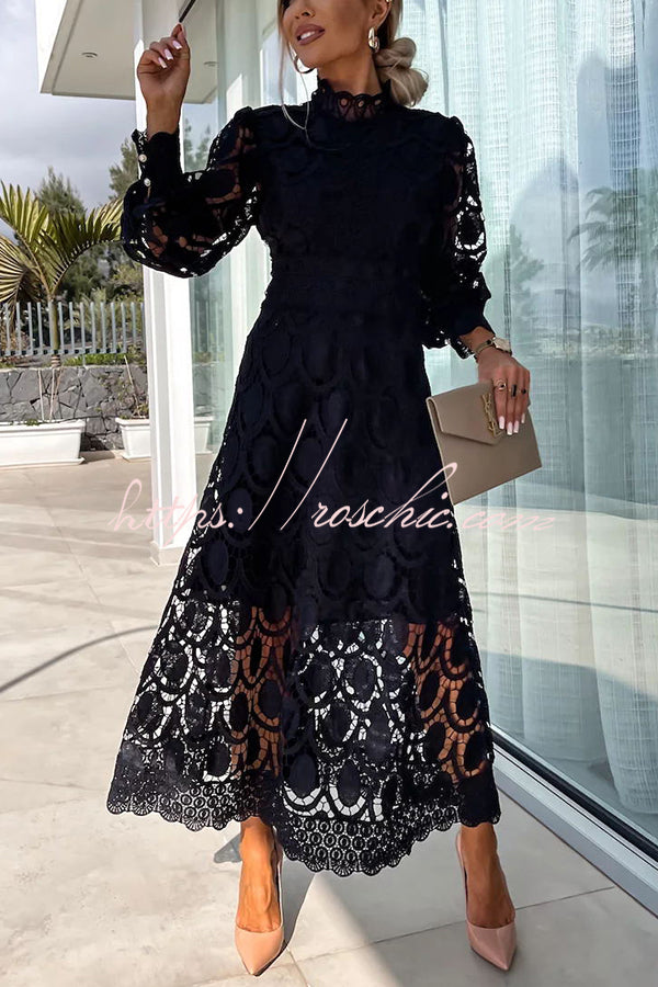 Robe midi à manches lanternes en dentelle au crochet pour les fêtes