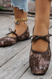 Sequined Embroidered Square-Toe Flat Shoes