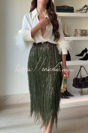 Sequin Tassel Midi Skirt – High-Rise Back Zipper Party Skirt