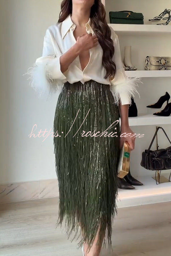 Jupe midi à pompons et sequins – Jupe de soirée taille haute avec fermeture éclair dans le dos