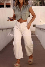 Denim Cape Sleeve Crop Top with Chest Pocket | Loose Fit