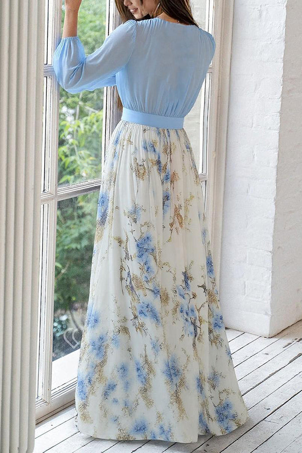Plant Print V-Neck Maxi Dress – Long Sleeve Loose Fit