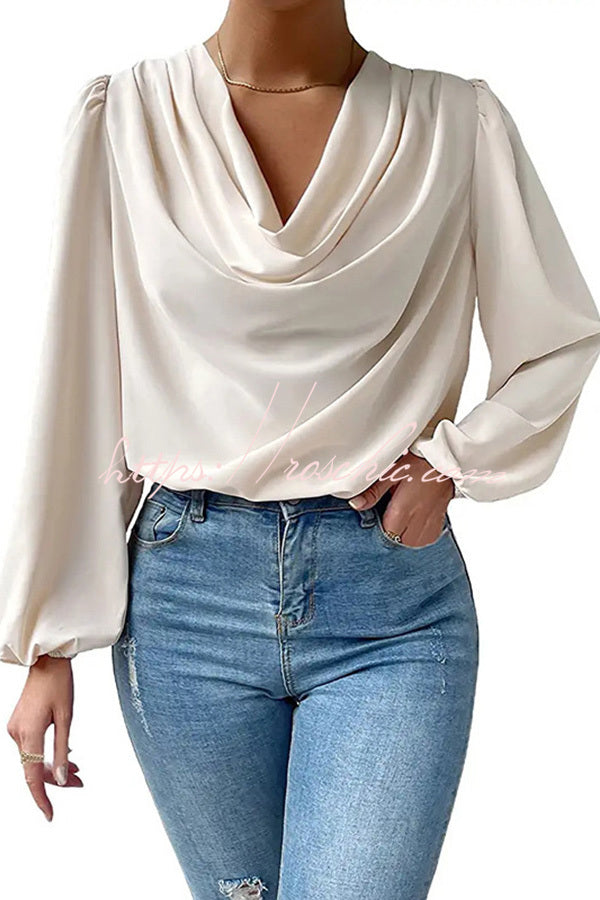 Satin Cowl Drape Neck Blouse – Long Sleeve Loose Fit Top
