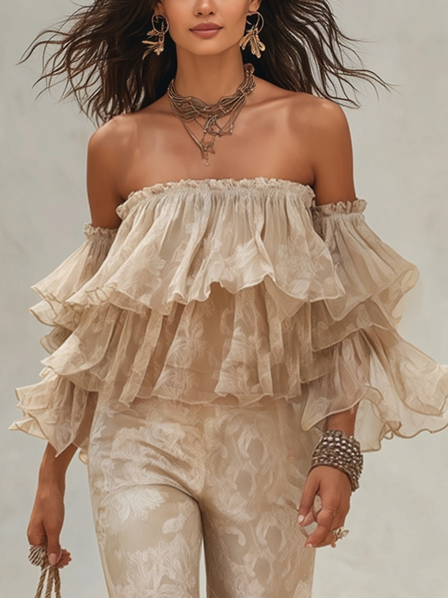 Bohemian Nude Ruffled Off-Shoulder Two-Piece Set