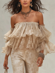 Bohemian Nude Ruffled Off-Shoulder Two-Piece Set