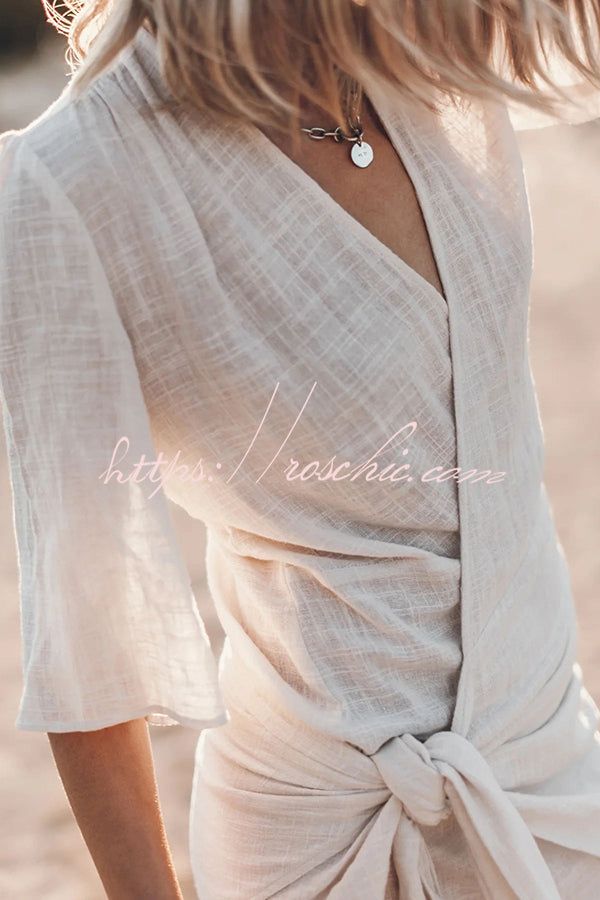 Cotton Linen Blend Knotted Wrap Mini Dress