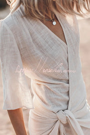 Cotton Linen Blend Knotted Wrap Mini Dress