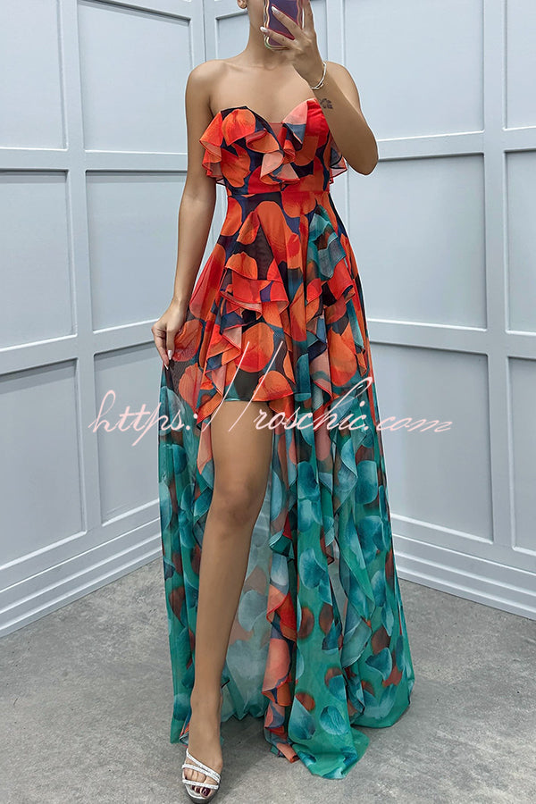 Gradient Print Strapless Maxi Dress with Layered Ruffles