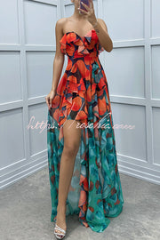 Gradient Print Strapless Maxi Dress with Layered Ruffles