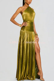 Metallic Pleated Halter Maxi Dress with Open Back & Slit