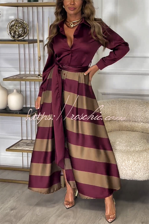 Satin Colorblock Long Sleeve Belted Maxi Shirt Dress
