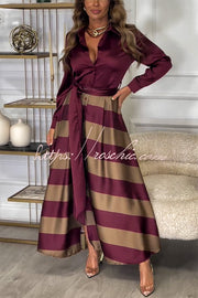 Satin Colorblock Long Sleeve Belted Maxi Shirt Dress