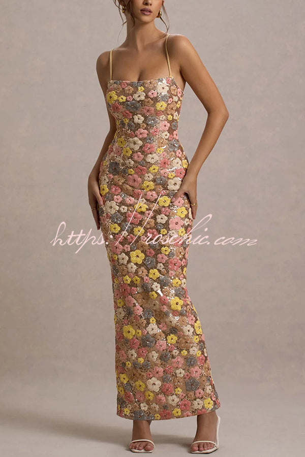 Floral Sequin Maxi Dress – 80s Square Neck Slip Style